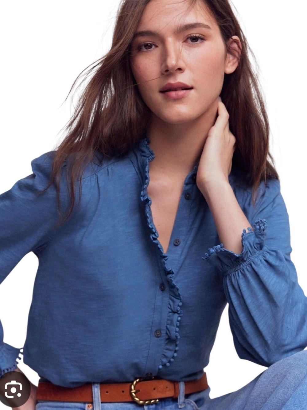 Boden Blue Pom Pom Trim Button-Front Blouse